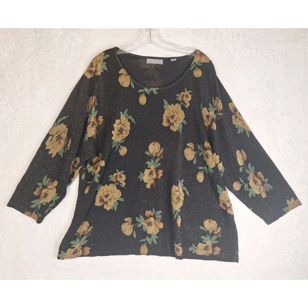 Kate Hill Womans Plus 3X Top Metallic Black & Yellow Floral Lightweight Rayon